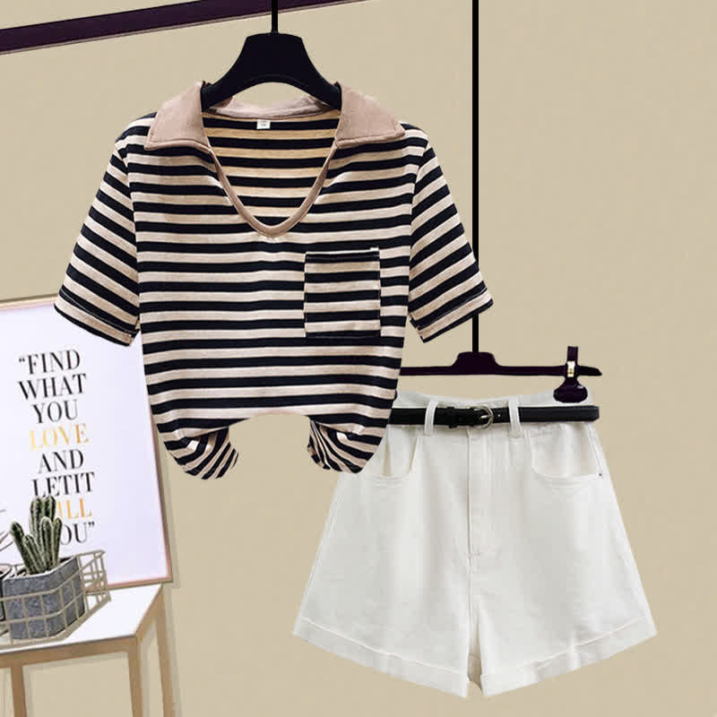 Stripe Pocket Crop Top T-Shirt Denim Shorts modakawa