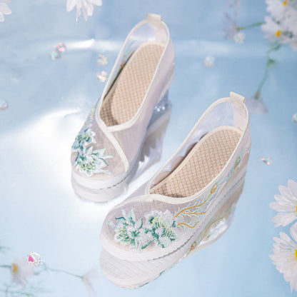 Blue Floral Embroidery Flat Mesh Shoes