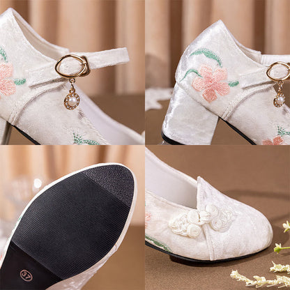 Retro Floral Embroidery Toe High Heel Shoes