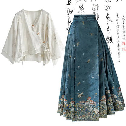 Vintage Lace-up Shirt High Waist Pleated Skirt Set