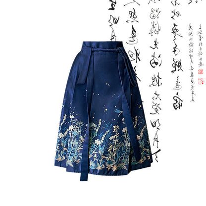 Vintage Buckle Tassel Shirt Blue Pleated Skirt