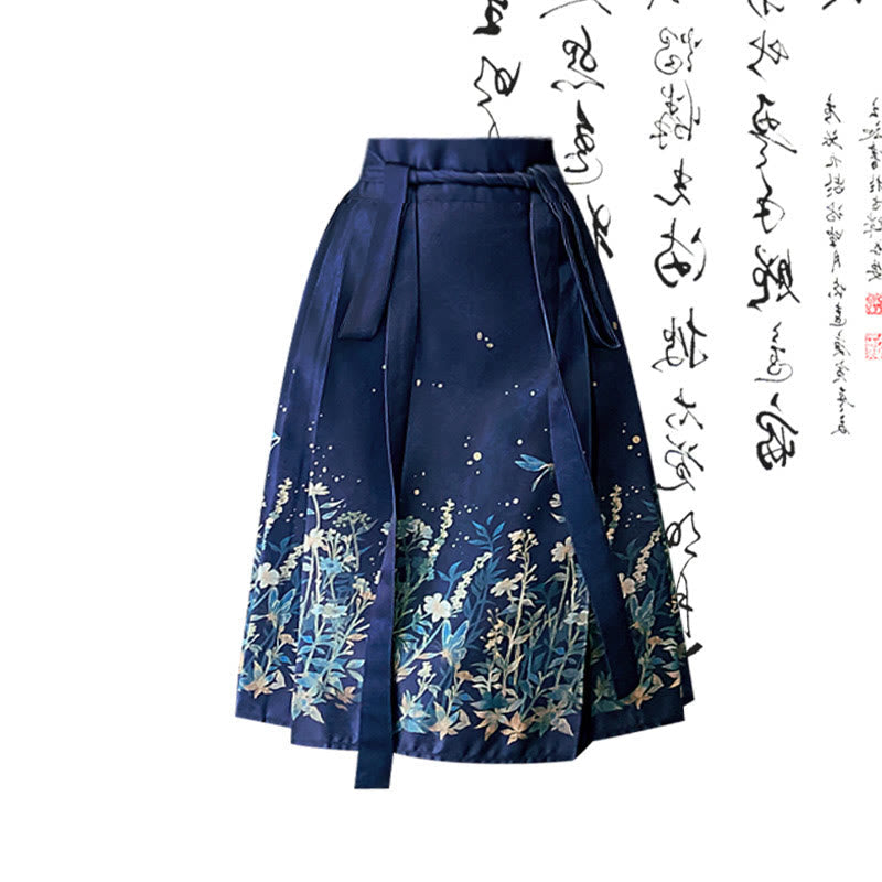 Blue Bow Print Print T-Shirt Vintage Pleated Skirt