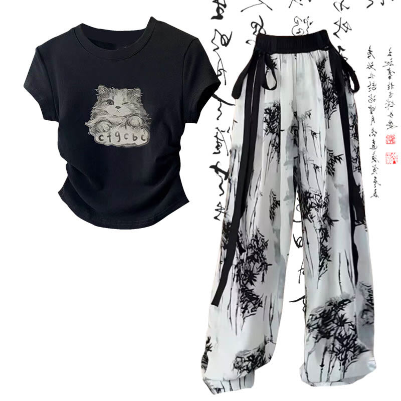 Cartoon Cat Print T-Shirt Wash Painting Print Loose Pants