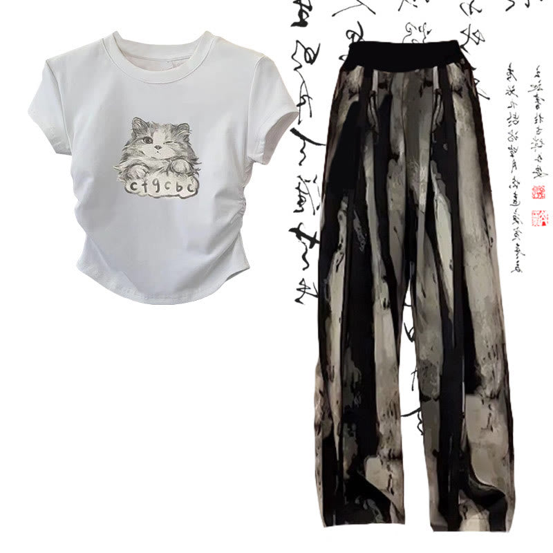 Cartoon Cat Print T-Shirt Wash Painting Print Loose Pants