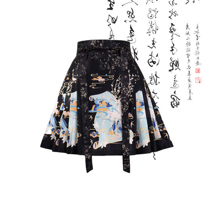 Vintage Black Bamboo Print Shirt Lace-up Pleated Skirt