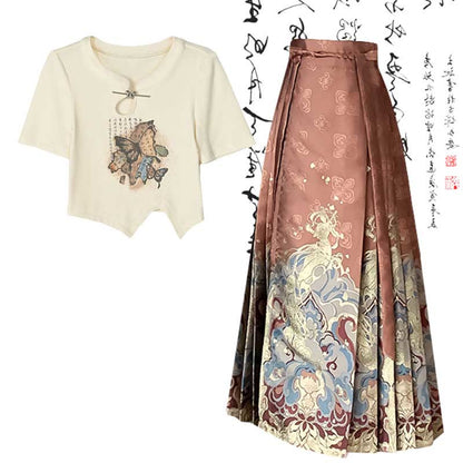 Chic Butterfly Print T-Shirt High Waist Pleated Skirt