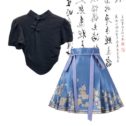 Vintage Buckle Shirt Blue Lace-up Pleated Skirt