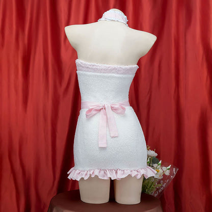 Pink Bow Knot Fuzzy Maid Apron Dress Lingerie