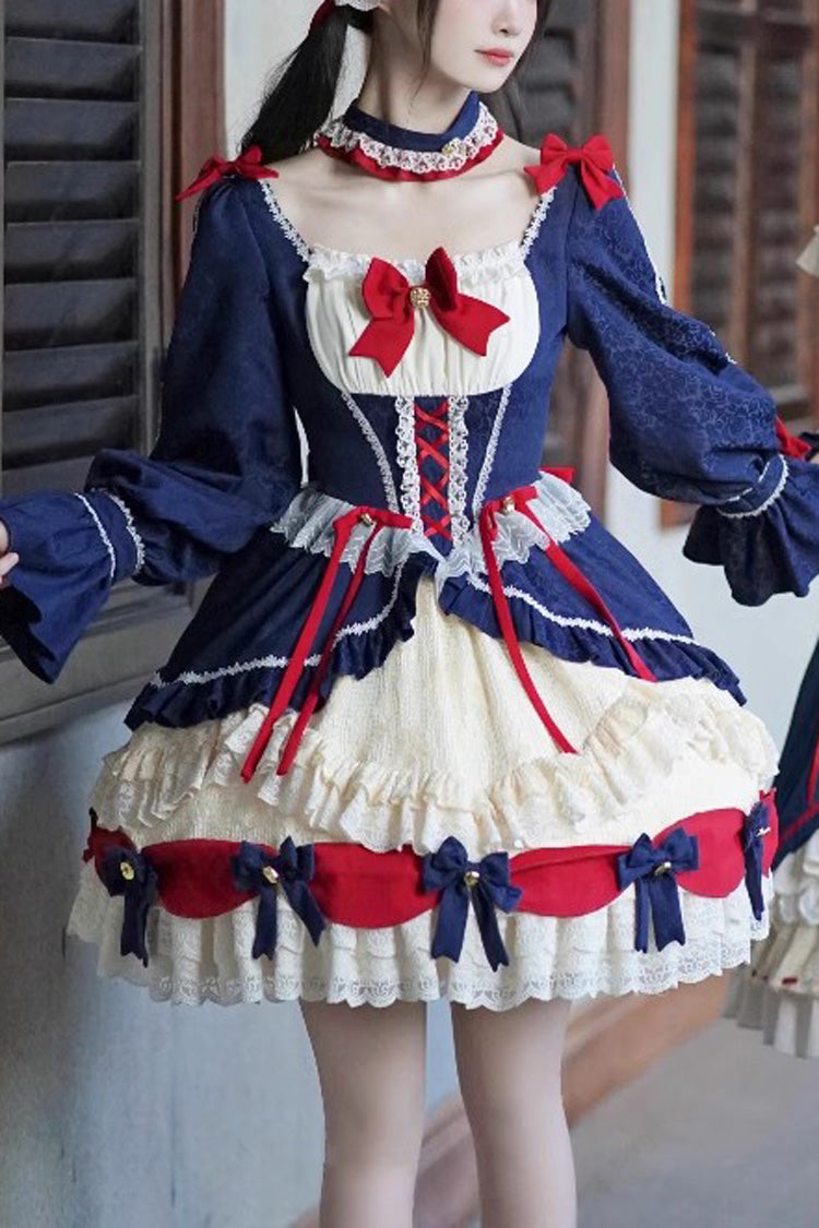 White-Blue Long Sweet Lolita Ruffle Cardigan Bowknot Dress