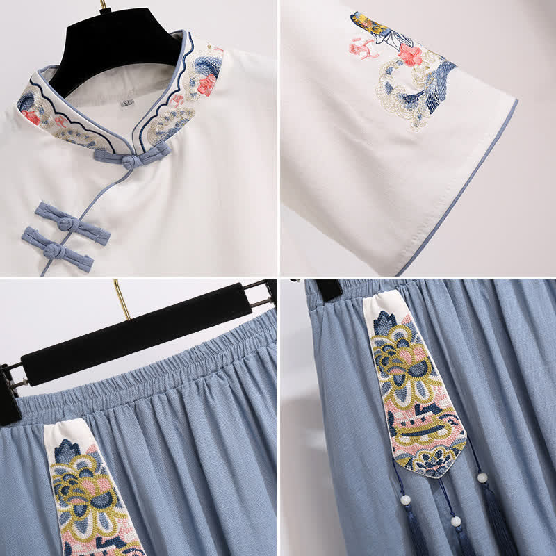 Vintage White Hanfu Buckle Shirt Tassel Skirt