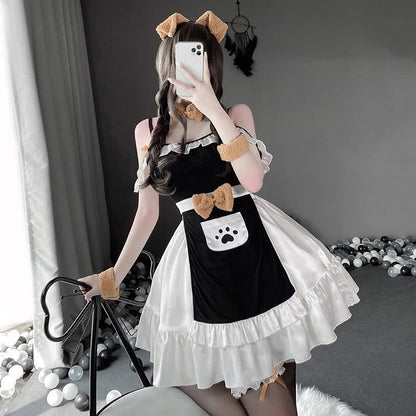 Plush Bow Knot Kitty Claw Pocket Maid Dress Lingerie Set