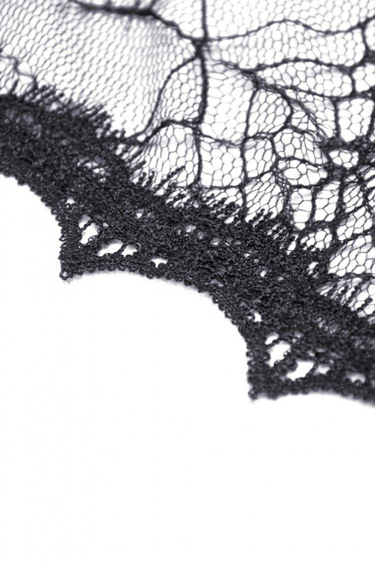 Midnight Spider Web Hooded Cape with Flared Lace-Up Sleeves - Gothic Sheer