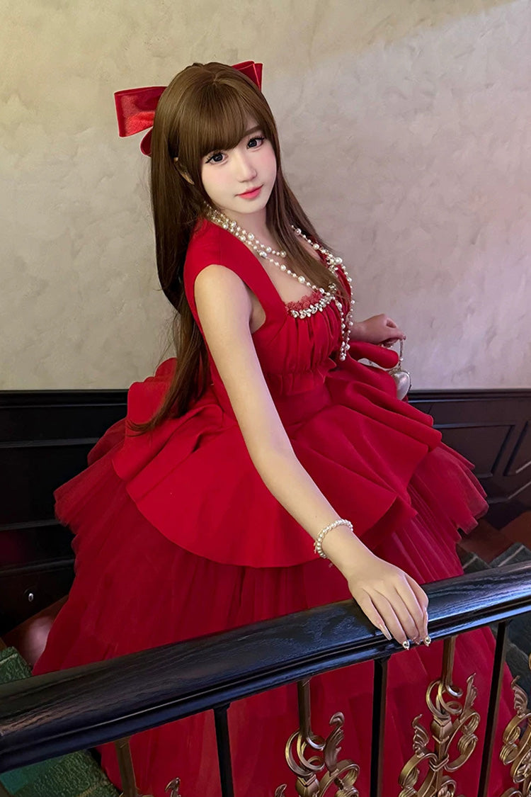 Crimson Romantic Rose Square Neck Sleeveless Ruffled Classic Ballet Lolita Gown