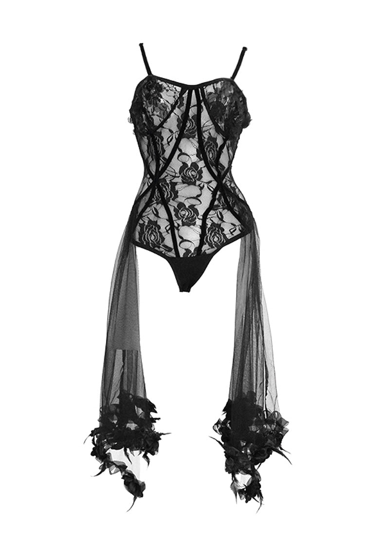Rose Lace Mesh Hem Sling Gothic Jumpsuit in Black