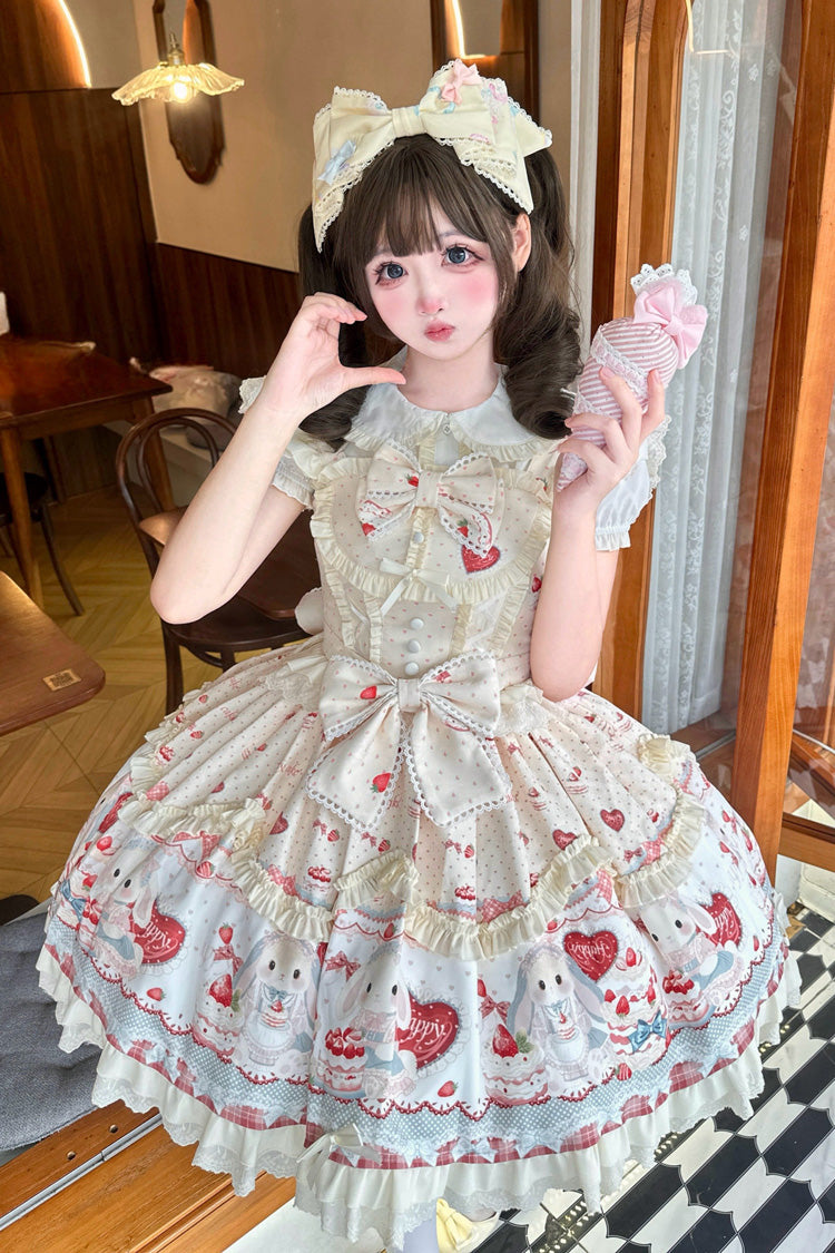 Yellow [Cute Rabbit Party] Sleeveless Double-Layered Printed Ruffled Bow Sweet Lolita Jsk Dress