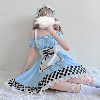 Blue Lace Up Lattice Rulffled Lolita Dress