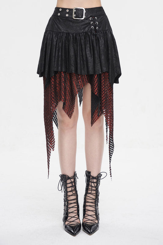 Crimson Noir Asymmetrical Mesh Patch Buckled Women's Gothic Skirt