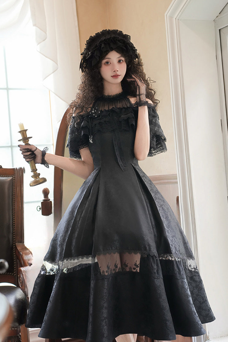 Onyx Off Shoulder Halterneck Printed Ruffle Gothic Elegant Dress - Flowers in the Mist