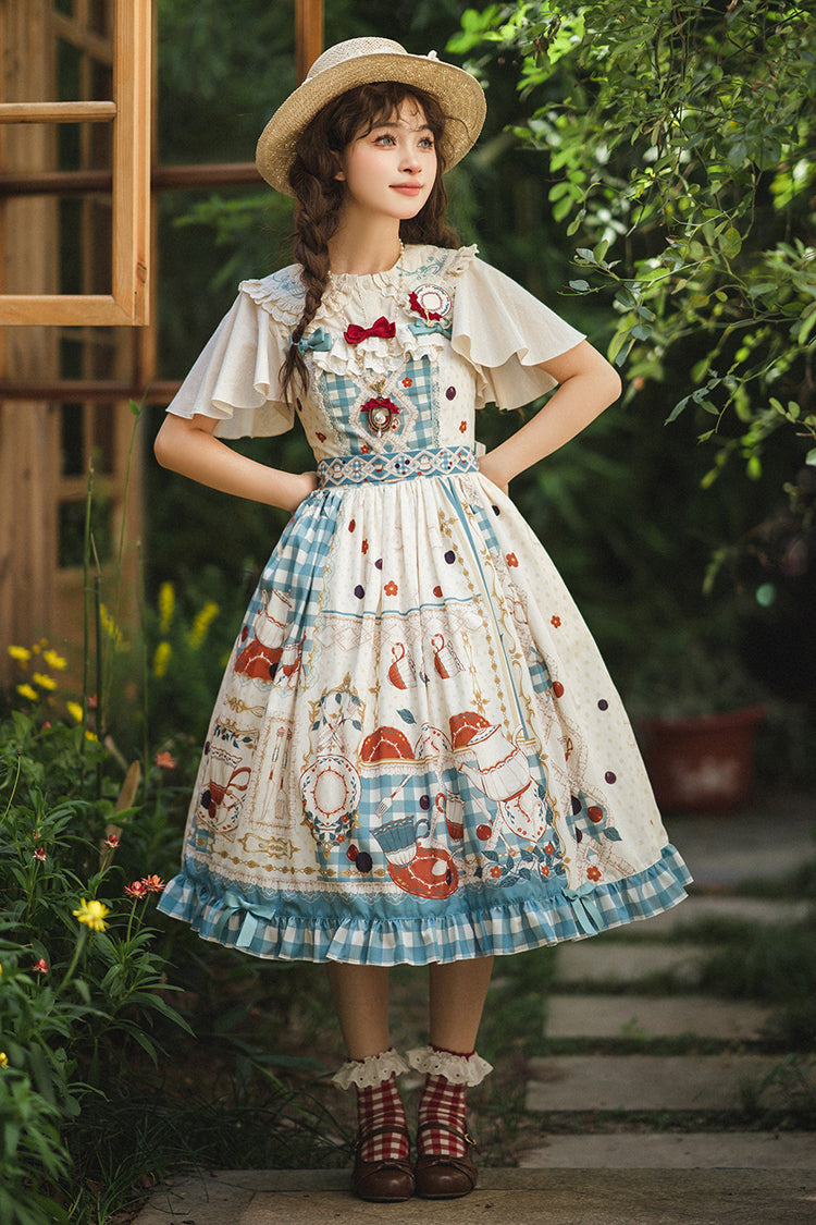 Tea Party Print Ruffle Bowknot Elegant JSK Dress