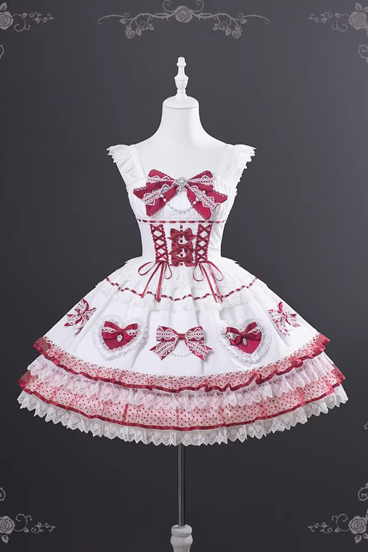 Crimson Snowberry Square Collar Sleeveless Double-Layered Ruffled Bow Lace-Up Sweet Elegant Jsk Dress