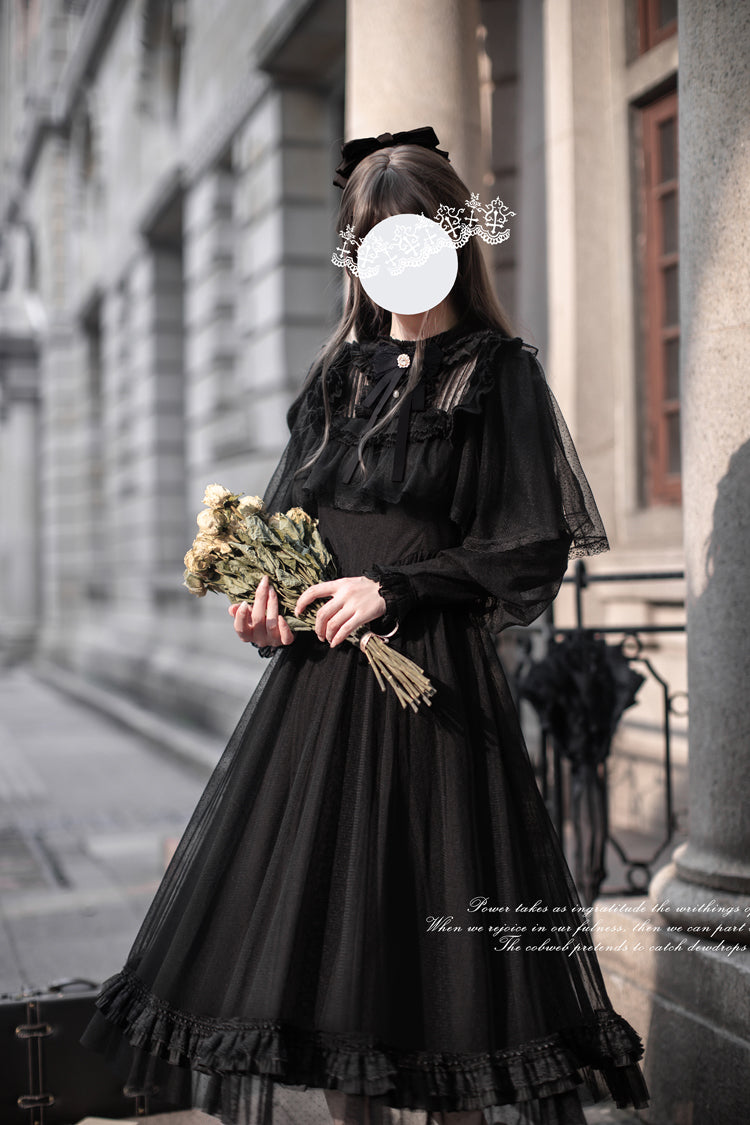 Black Enchanted Nightdream Long Sleeve Bowknot Lace Elegant Dress