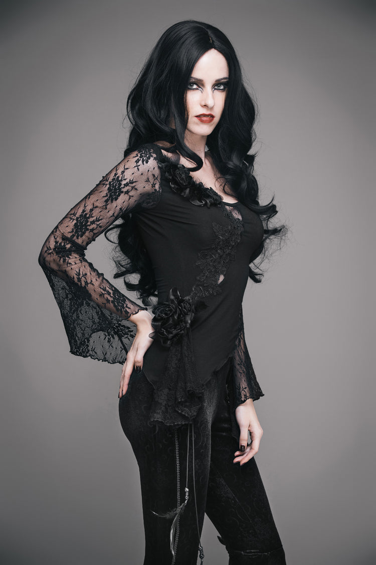 Women's Gothic T-Shirt in Black with Rose Decoration, Flare Sleeves & Irregular Lace Hem