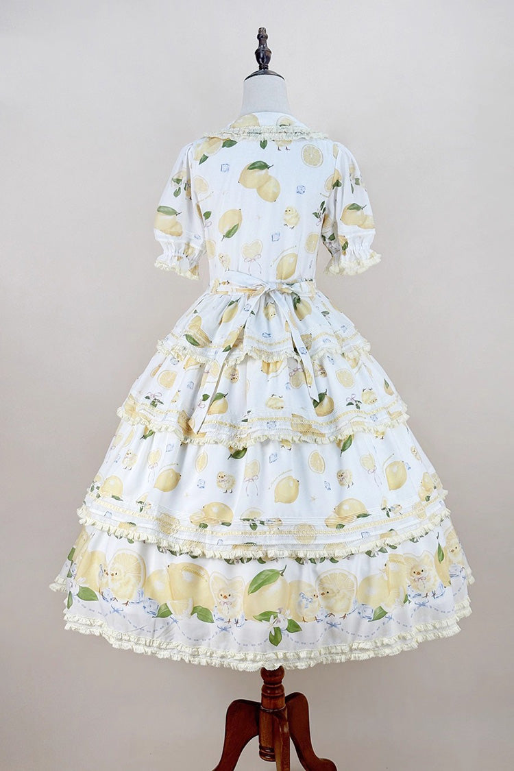 Triple-Layered Print Ruffled Bow Lace Sweet Gorgeous Lolita Dress - White Lemon Chicken