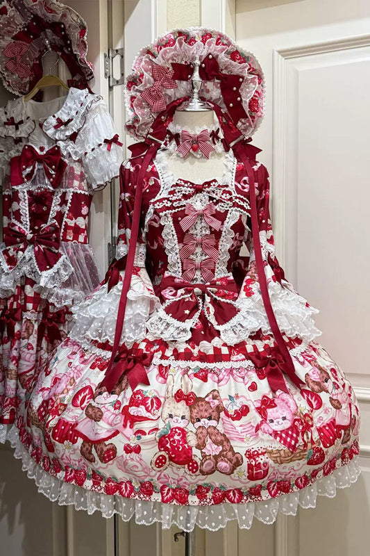 Scarlet Sweet Berry Bunny Bear Half Sleeve Printed Bow Lace Laced Sweet Lolita OP Dress