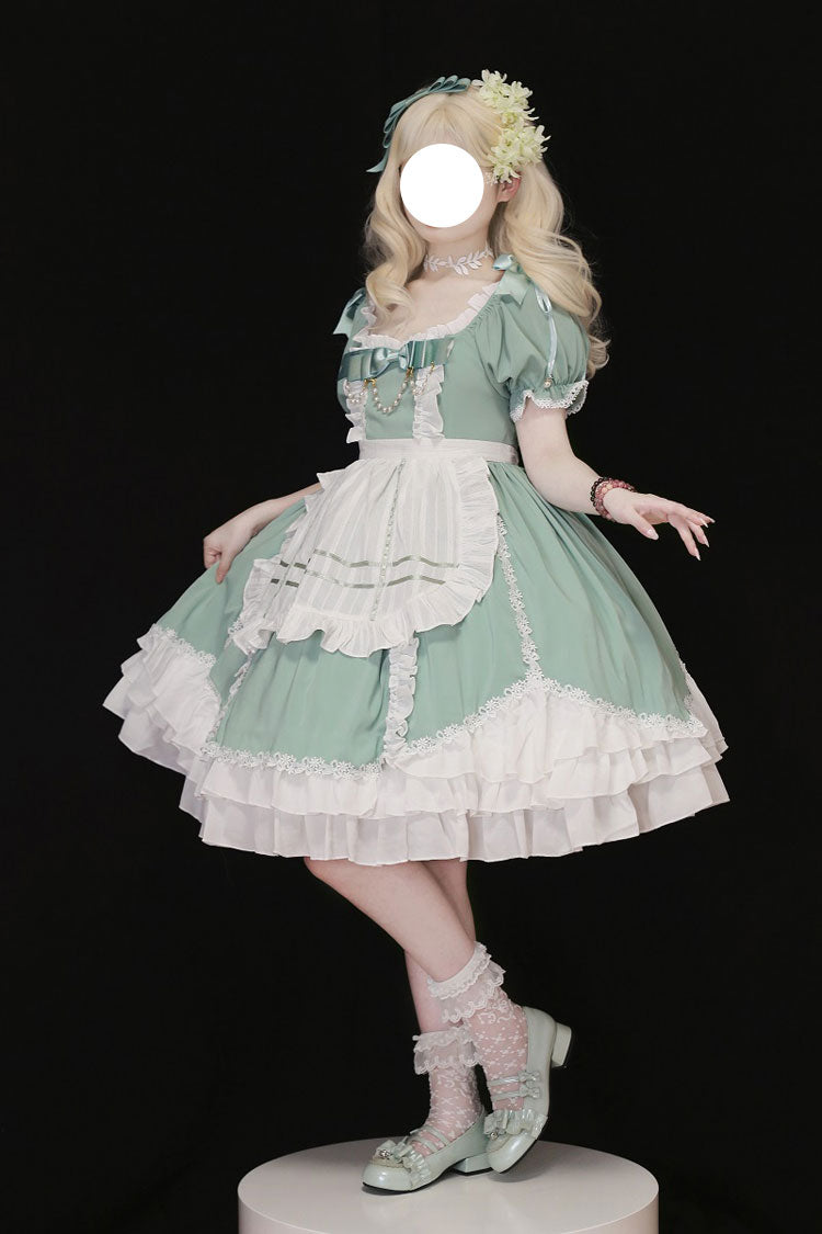 White-Green Sweet Lolita Short Sleeve Ruffle Hanayome Bowknot Dress