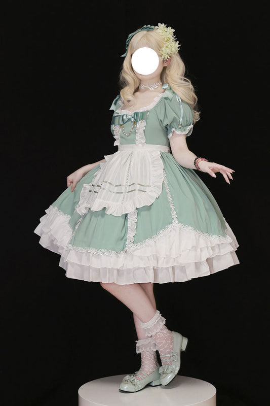 White-Green Sweet Lolita Short Sleeve Ruffle Hanayome Bowknot Dress