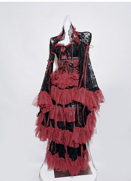 Black&Red Gothic Set- Cami Top+Lace Bell Sleeves Bolero Beaded Chain Tiered Skirt