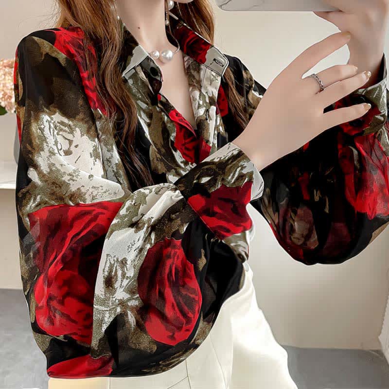 Vintage Red Floral Print Puff Sleeve Shirt Workwear