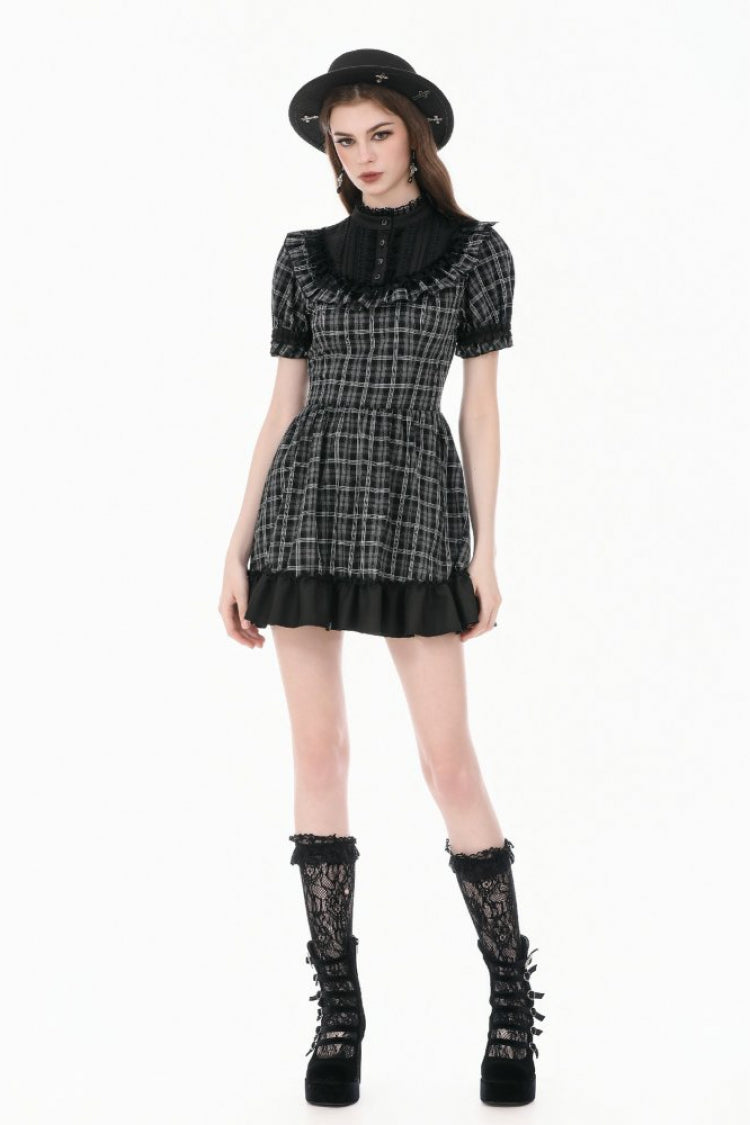 Monochrome Gothic Lolita Dress with Plaid, Stand Collar, and Lace-Up Front
