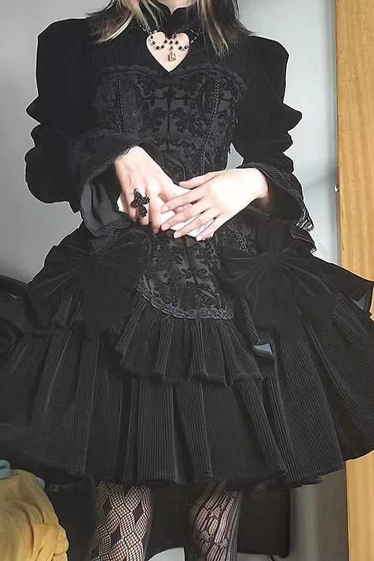 Black Gothic Lolita Long Sleeve Jacquard Print Ruffle Dress