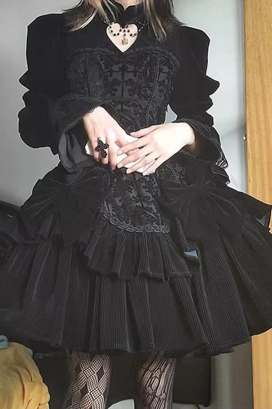 Black Gothic Lolita Long Sleeve Jacquard Print Ruffle Dress