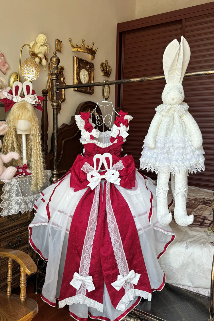 Red [Velvet Rabbit] Sleeveless Multi-Layered Ruffled Bow Sweet Lolita Jsk Dress Set