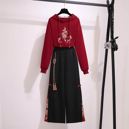 Vintage Dragon Embroideried Hoodie Wide Leg Split Pants