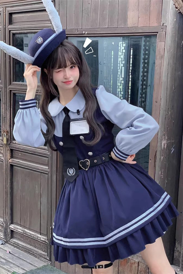 Blue Rabbit Officer Long Sleeves Printed Ruffled Faux Two-Piece College Style Sweet Dress