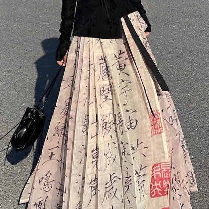 Vintage Character Print Pleated Lace Up Hanfu Skirt