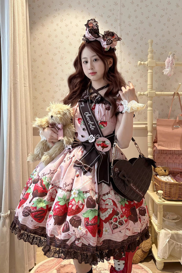 Chocolate Lover Square Collar Printed Bow Lace Sweet Lolita Dress
