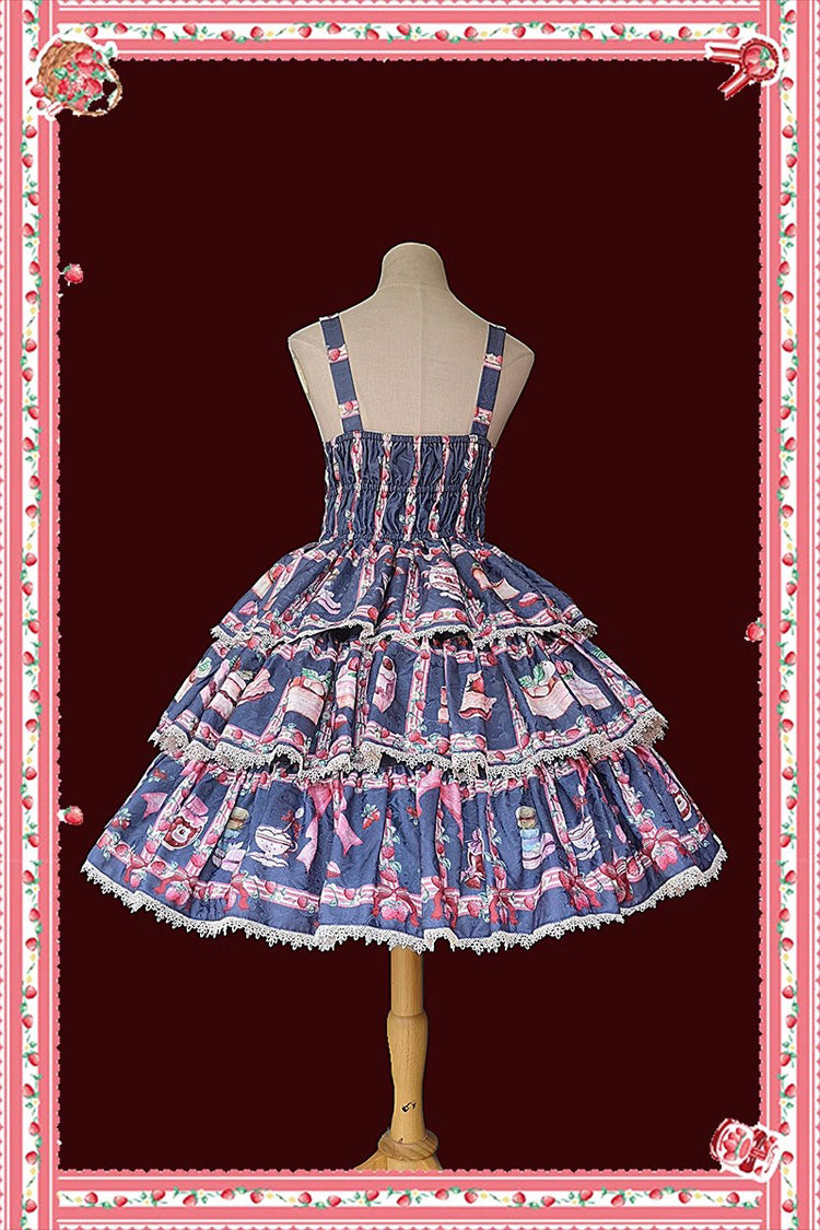 Strawberry Afternoon Tea Themed Sweet Lolita Tiered Dress with Ice Cream Print