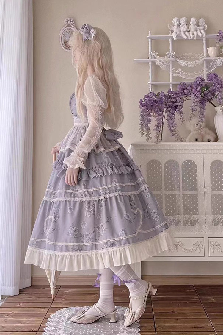 Rose Print Sweet JSK Dress with Puff Sleeves - Lolita