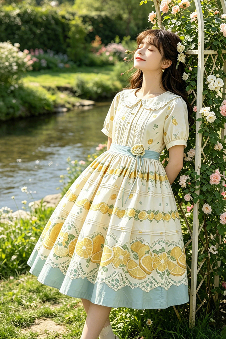 Yellow Doll Collar Short Sleeves Lemon Printed Plus Size Sweet Lolita Dress