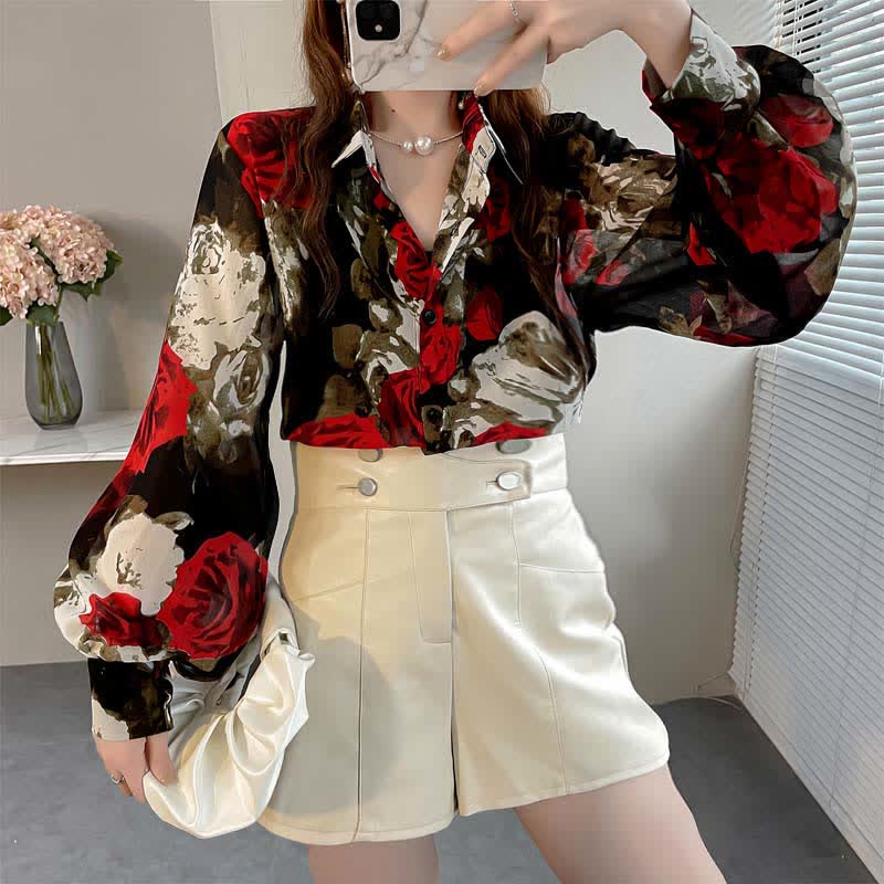 Vintage Red Floral Print Puff Sleeve Shirt Workwear