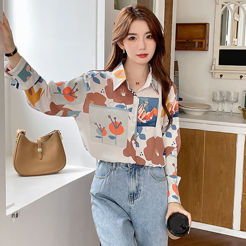 Colorblock Floral Print Casual Shirt