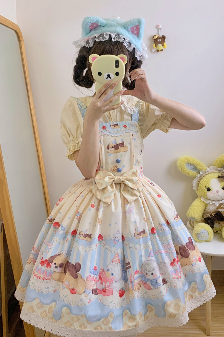 Party Print Bowknot Stitching Lace JSK Dress - Cream - Tri-Color