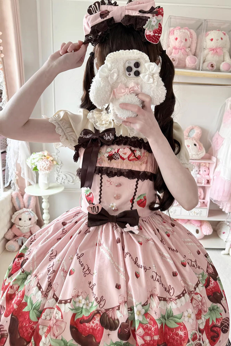 Sleeveless Printed Ruffled Embroidered Bow Lace Sweet Lolita Jsk Dress - Strawberry Chocolate Lover