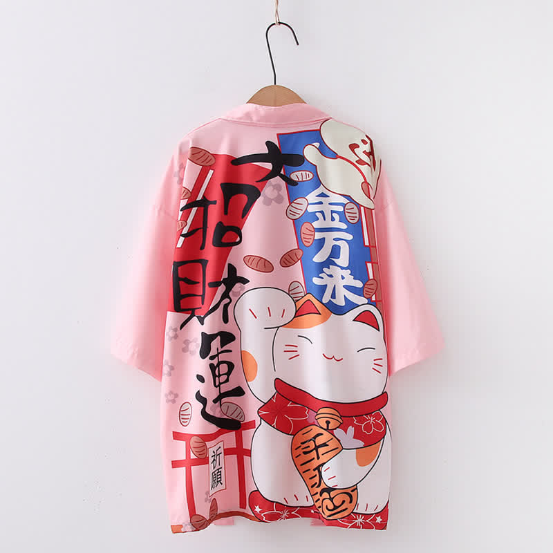 Lucky Cat Letter Print Cardigan Kimono Outerwear