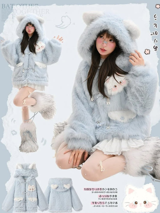 Blue Fluffy Cat Ears Hooded Faux Fur Coat Detachable Cat Plushie