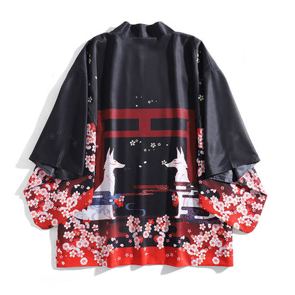 Fox Sakura Print Loose Cardigan Kimono Outerwear